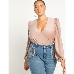 Eloquii Sparkly V-Neck Bodysuit Pink